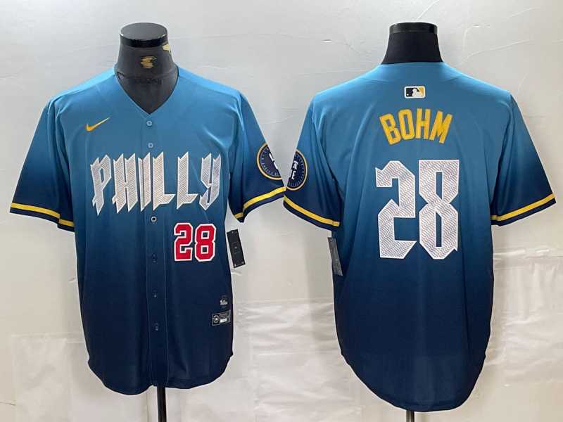 Men's Philadelphia Phillies #28 Alec Bohm Blue 2024 City Player Number Cool Base Stitched Jerseys,We sell and wholesale Men's Philadelphia Phillies #28 Alec Bohm Blue 2024 City Player Number Cool Base Stitched Jerseys on line form chian!